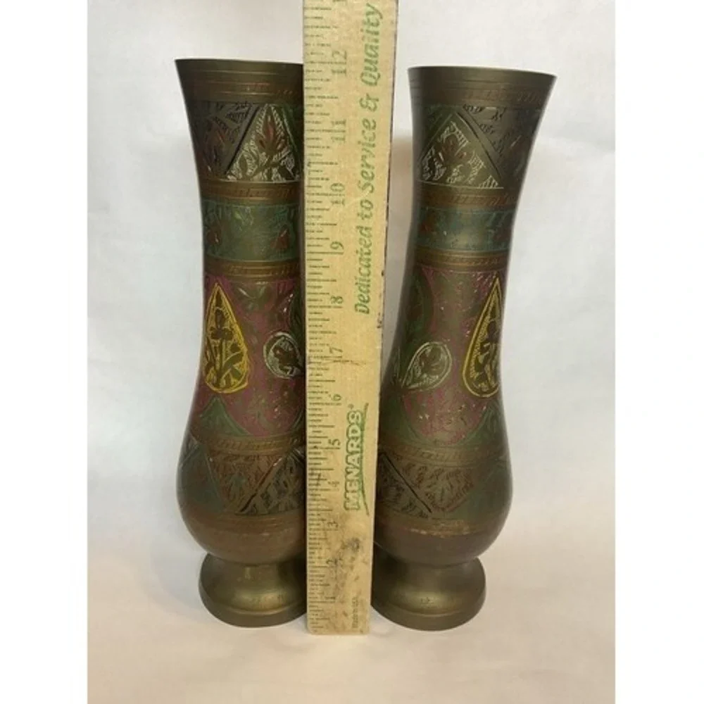 Vintage Set of 2 Brass Hand Etched Multicolored Flower Bud Vases 12